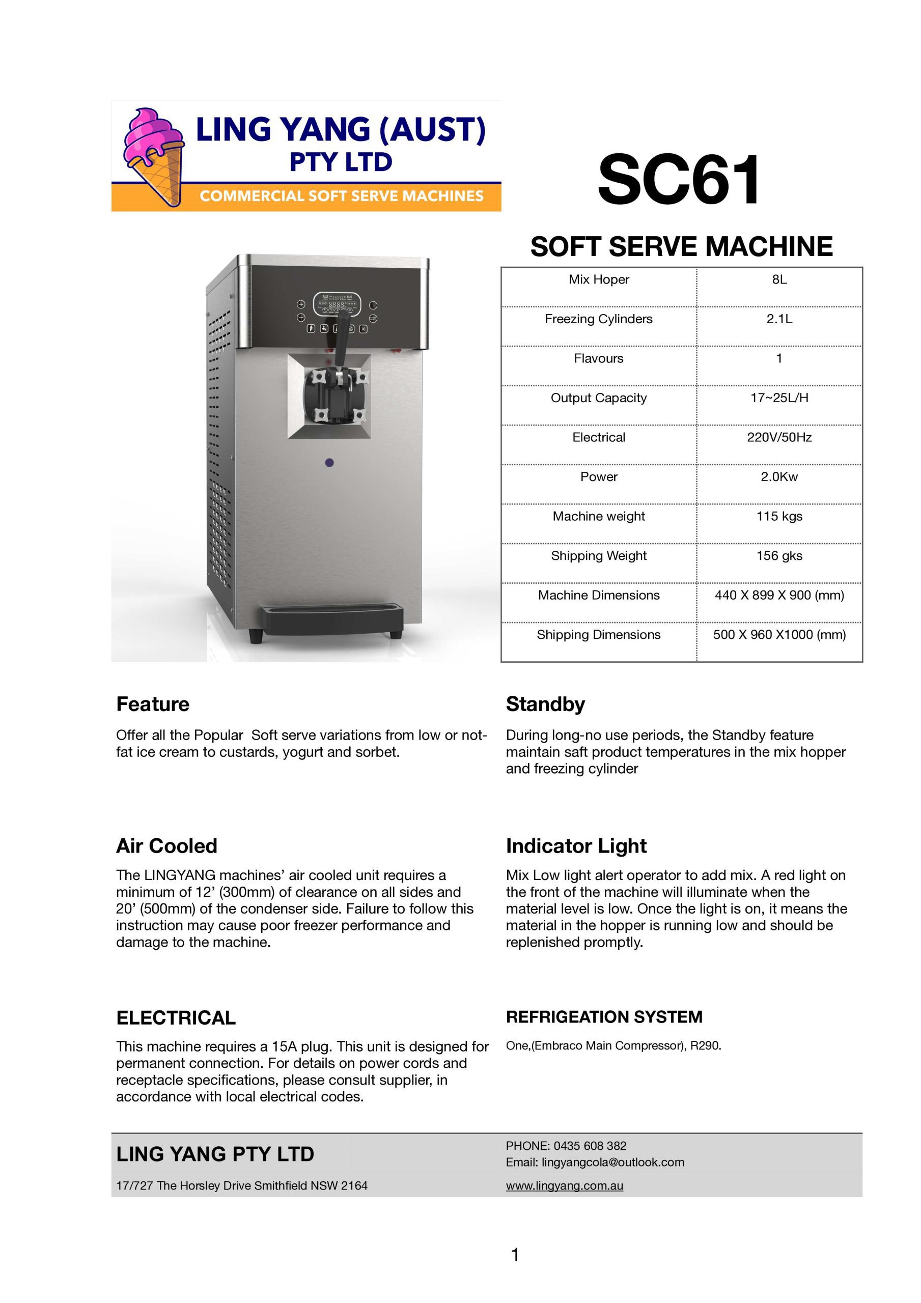 SC61 countertop ice cream machine for sale in Australia featuring an 8L mix hopper and 17–25L per hour production capacity.